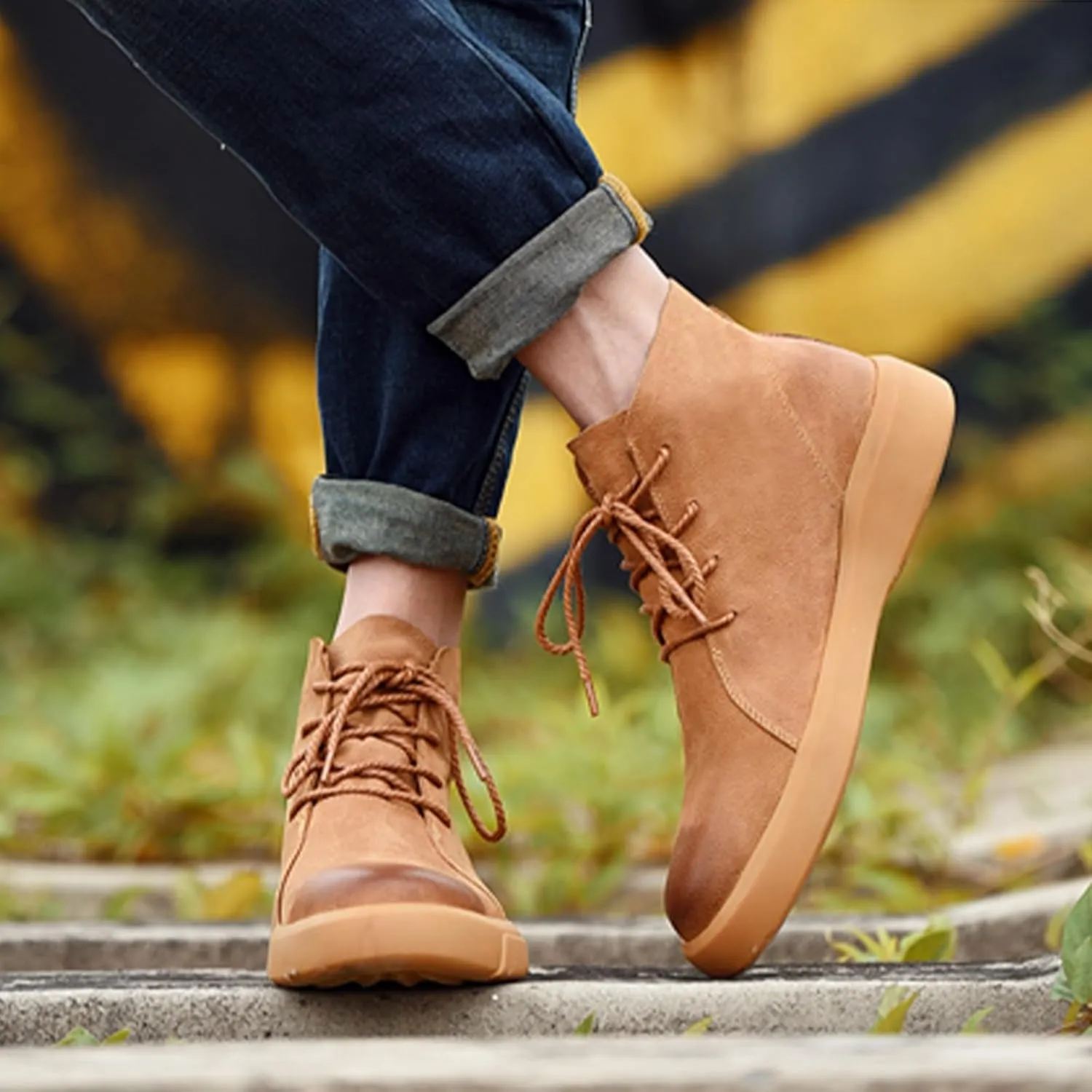 Mens Mid-Top Lace-Up Leather Chukka Ankle Boots Casual Comfortable Round Toe Non-Slip Shoes for Walking Outdoor Hiking
