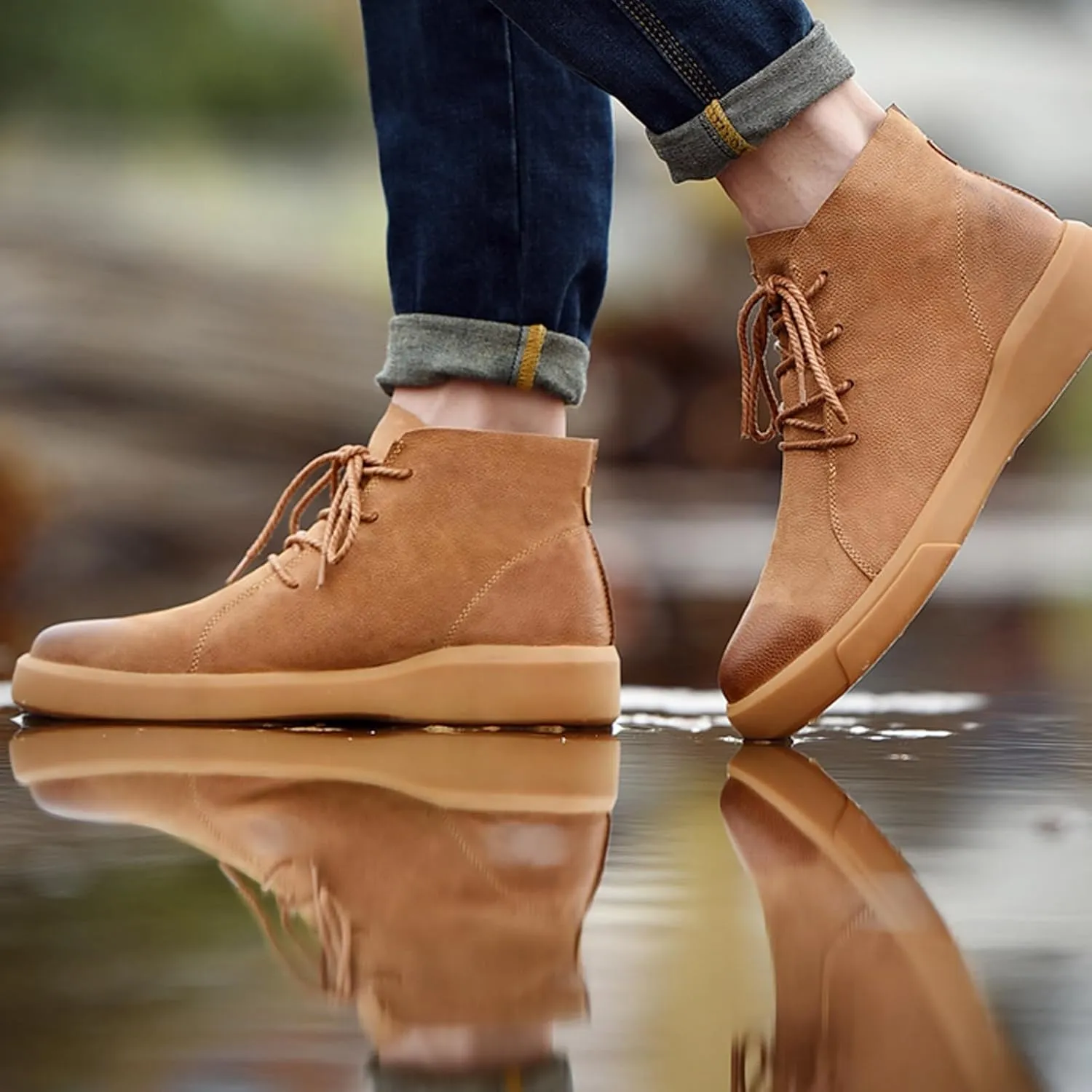 Mens Mid-Top Lace-Up Leather Chukka Ankle Boots Casual Comfortable Round Toe Non-Slip Shoes for Walking Outdoor Hiking