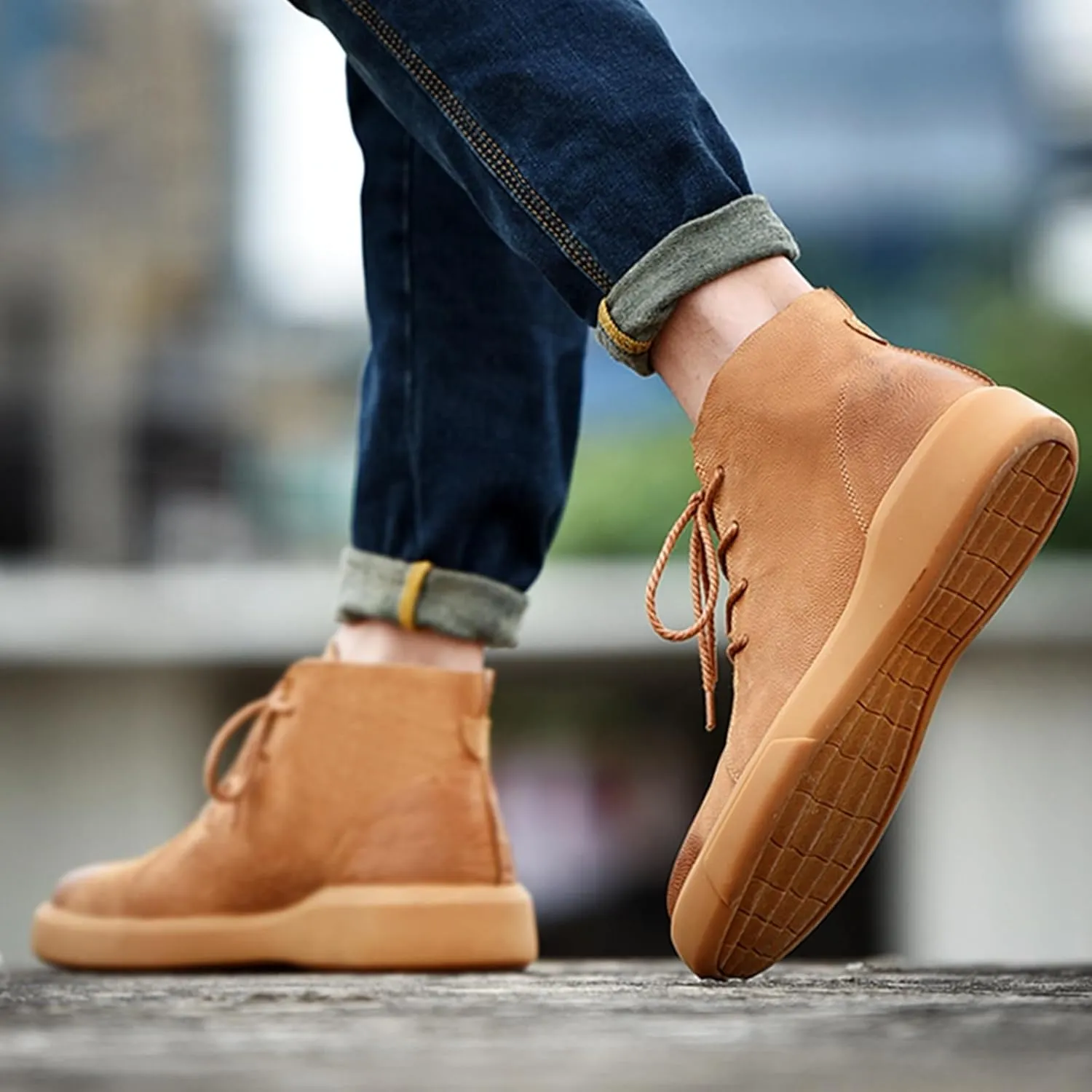 Mens Mid-Top Lace-Up Leather Chukka Ankle Boots Casual Comfortable Round Toe Non-Slip Shoes for Walking Outdoor Hiking