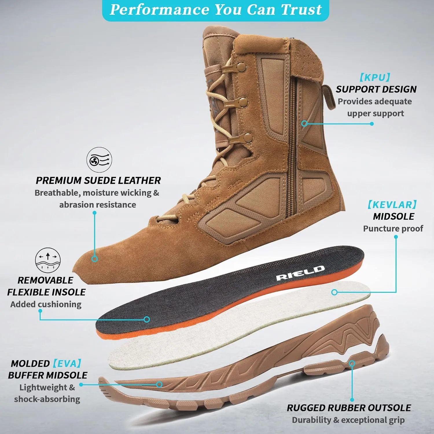 Men's Military Tactical Work Boots Lightweight Side Zipper Army Combat Hiking Boots