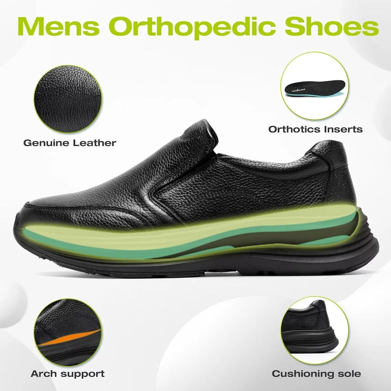 Men's Orthopedic Leather Dress Walking Shoes: Comfortable Orthotic Plantar Fasciitis Oxford Shoes with Arch Support, Flat Feet Casual Business Slip-On Loafers for Foot and Heel Pain Relief
