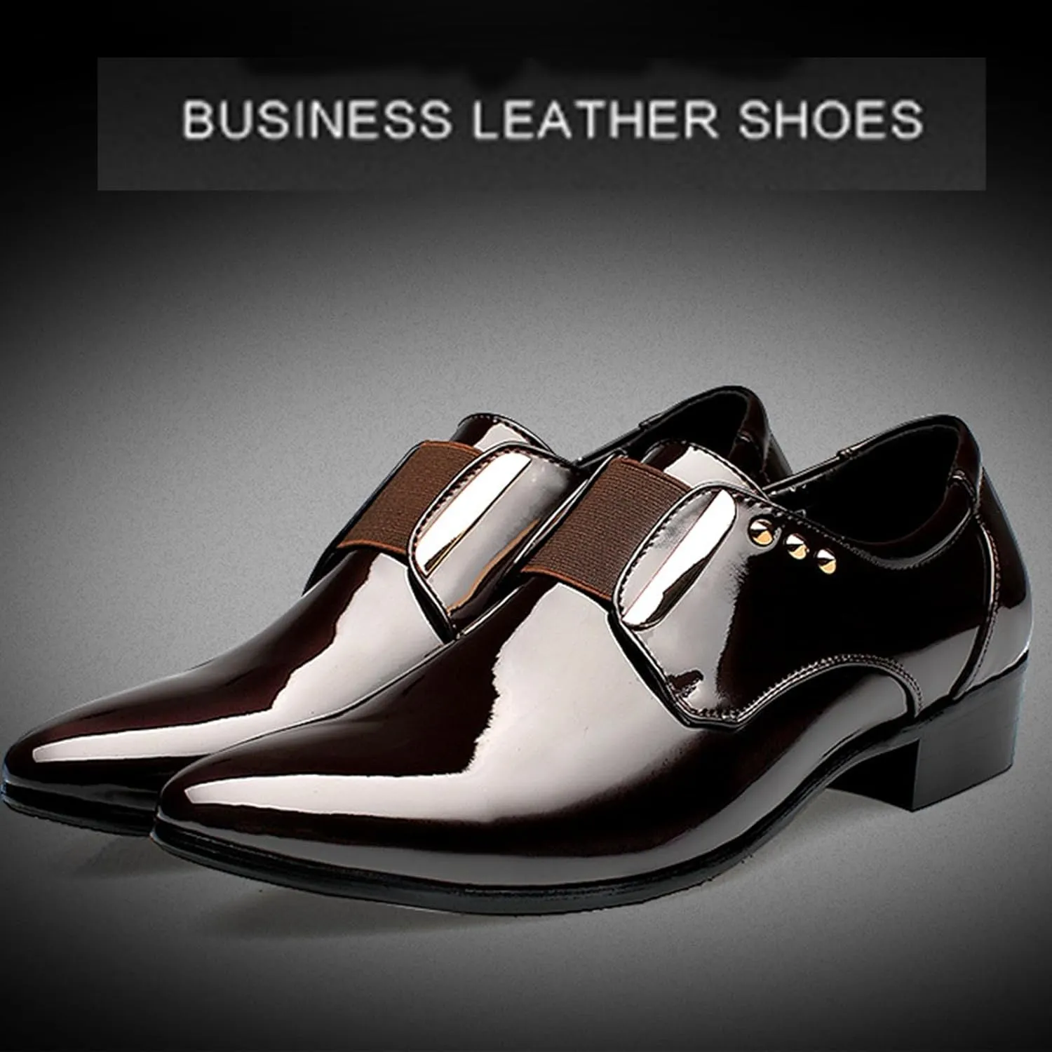 Men's Patent Leather Pointed Toe Dress Loafers, Elastic Band Low Heel Classic Luxury Tuxedo Shoes Business Formal Wedding Party Leather Shoes