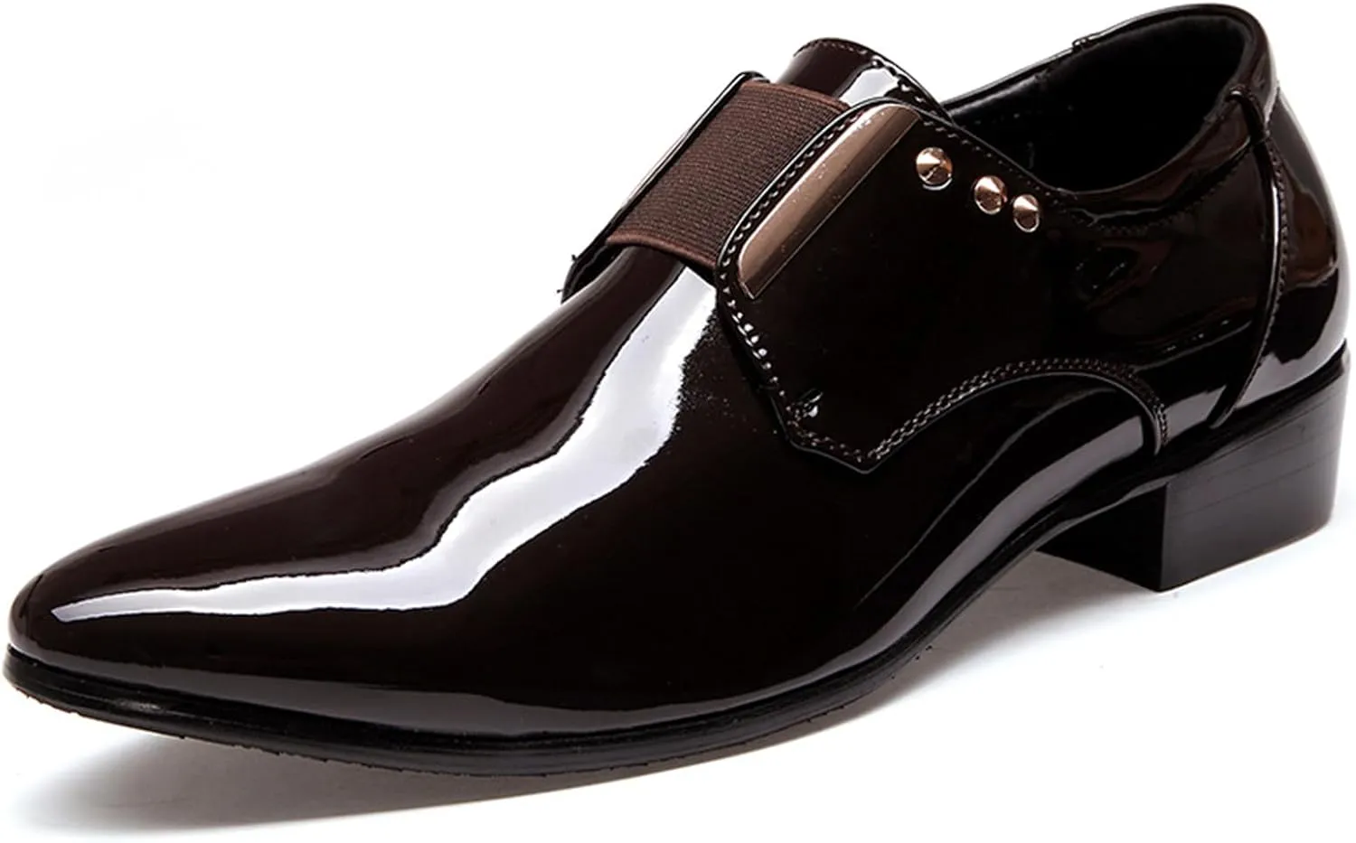 Men's Patent Leather Pointed Toe Dress Loafers, Elastic Band Low Heel Classic Luxury Tuxedo Shoes Business Formal Wedding Party Leather Shoes