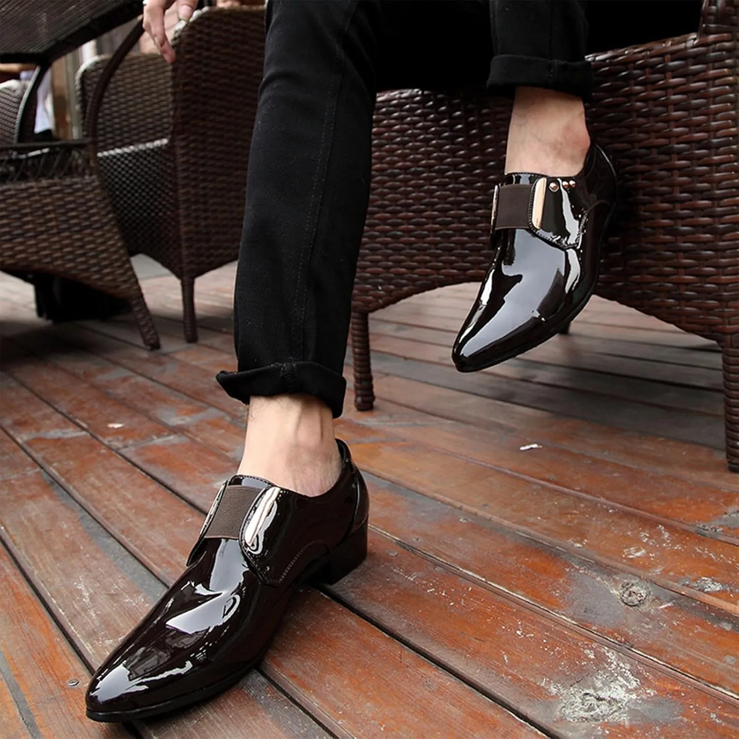 Men's Patent Leather Pointed Toe Dress Loafers, Elastic Band Low Heel Classic Luxury Tuxedo Shoes Business Formal Wedding Party Leather Shoes
