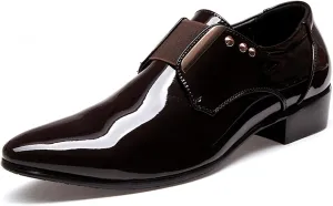 Men's Patent Leather Pointed Toe Dress Loafers, Elastic Band Low Heel Classic Luxury Tuxedo Shoes Business Formal Wedding Party Leather Shoes