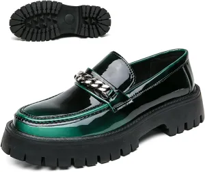 Men's Patent Leather Slip on Platform Loafers with Chain Decor Luxury Round Toe Low Block Lug Sole Business Office Dress Shoes Non-Slip Dating Party Casual Shoes