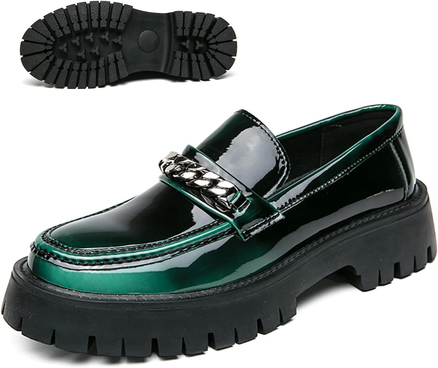 Men's Patent Leather Slip on Platform Loafers with Chain Decor Luxury Round Toe Low Block Lug Sole Business Office Dress Shoes Non-Slip Dating Party Casual Shoes