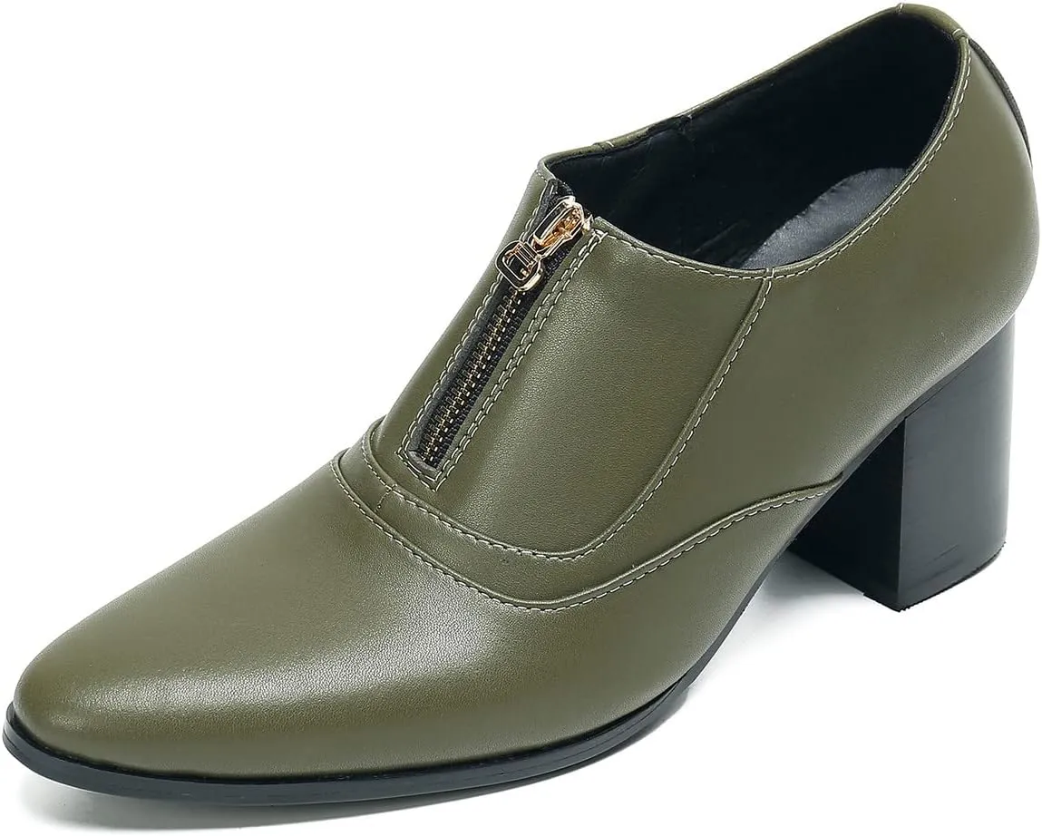 Men's Pump Slip On Loafers Party Dress Casual Leather Shoes Fashion Western Prom Wedding Disco Zipper Heels Shoes for Men Boys