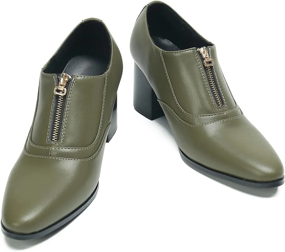 Men's Pump Slip On Loafers Party Dress Casual Leather Shoes Fashion Western Prom Wedding Disco Zipper Heels Shoes for Men Boys