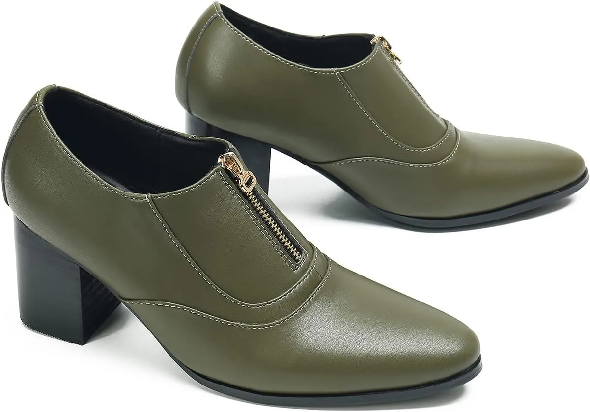 Men's Pump Slip On Loafers Party Dress Casual Leather Shoes Fashion Western Prom Wedding Disco Zipper Heels Shoes for Men Boys