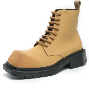 Mens Retro Leather Lace-Up Chunky Heels Chukka Ankle Boots Casual High-Top Non-Slip Square Toe Dress Shoes for Walking Formal Business