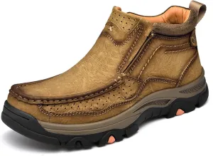 Men's Retro Leather Outdoor Loafers Classic Hand Sewn Anti Slip Hiking Shoes Comfortable and Breathable Driving Business Shoes
