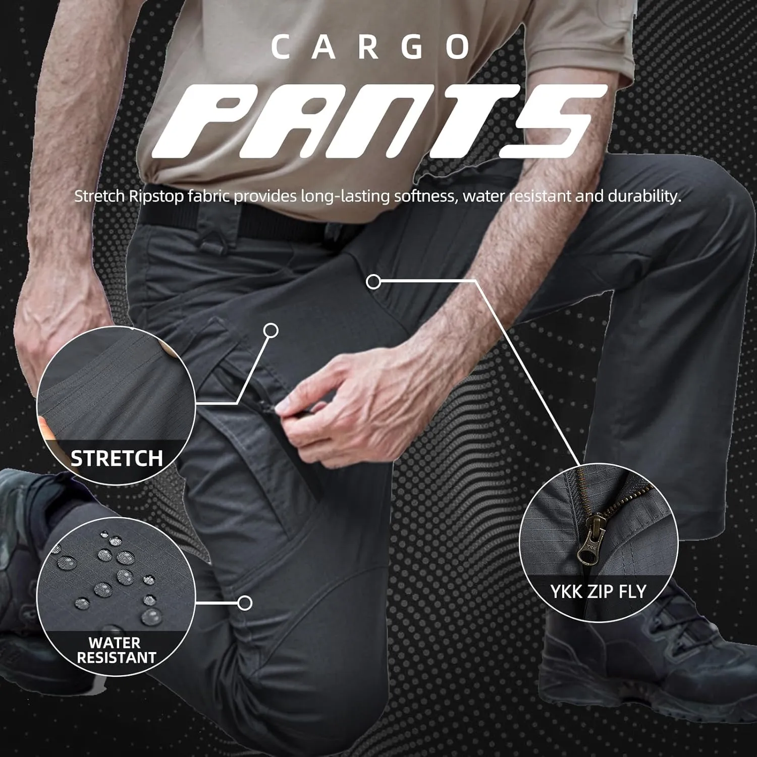 Men's Ripstop Tactical Pants Water Resistant Stretch Cargo Pants Lightweight EDC Hiking Work Pants