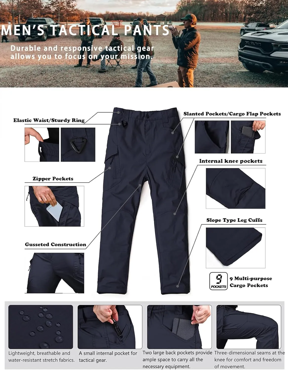 Men's Ripstop Tactical Pants Water Resistant Stretch Cargo Pants Lightweight EDC Hiking Work Pants