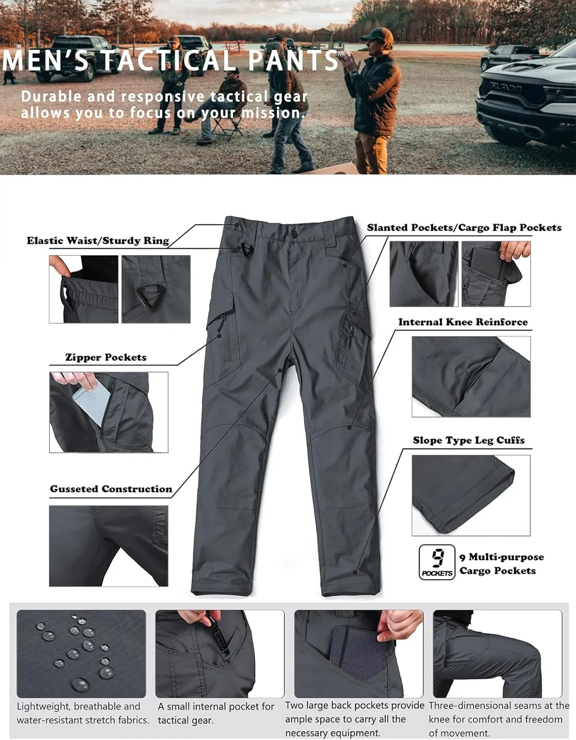 Men's Ripstop Tactical Pants Water Resistant Stretch Cargo Pants Lightweight EDC Hiking Work Pants