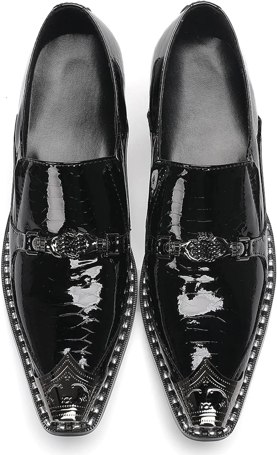 Men's Slip-On Shoes Dress Csaual Loafers with Metal Pointed Toe, Block Heel, Fashion Genuine Leather Western Shoes for Ballroom, Party, and Bar Wear