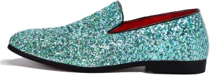 Mens Smoking Sparkling Slipper Metallic Sequins Textured Glitter Tuxedo Slip-on Prom Loafers Luxury Wedding Dress Shoes (12 M US, Green)