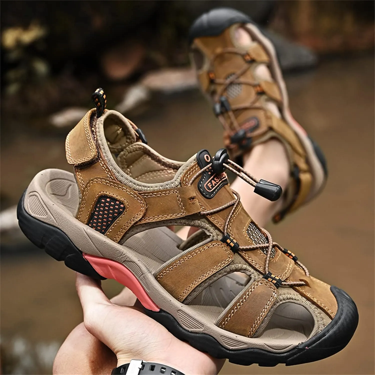 Men's sports sandals Outdoor hiking sandals Closed toe leather sports beach casual sandals Water shoes