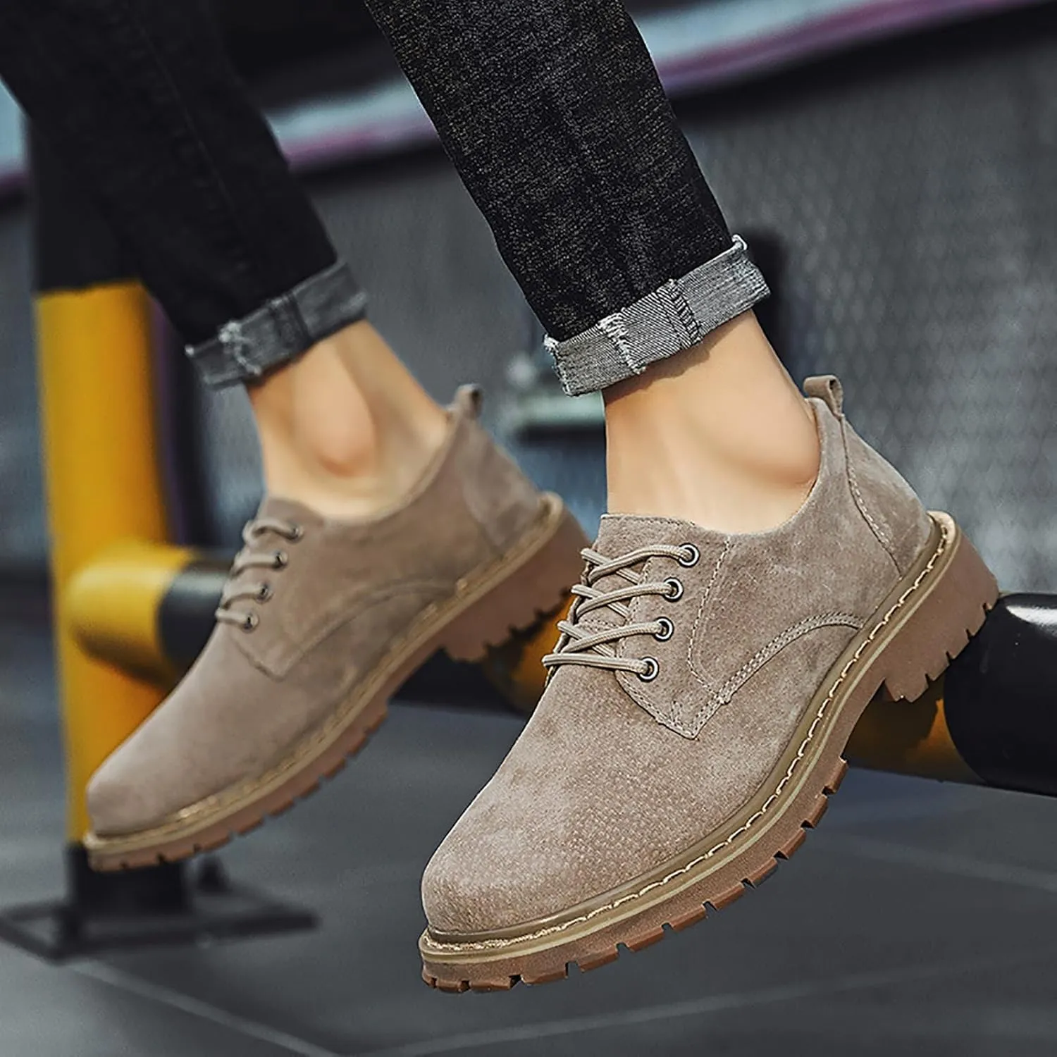 Men's Suede Lace-Up Lug Sole Platform Oxfords,Classic Round Toe Hand Stitching Non-Slip Low Top Dress Shoes Comfortable Business Formal Shoes