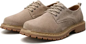 Men's Suede Lace-Up Lug Sole Platform Oxfords,Classic Round Toe Hand Stitching Non-Slip Low Top Dress Shoes Comfortable Business Formal Shoes