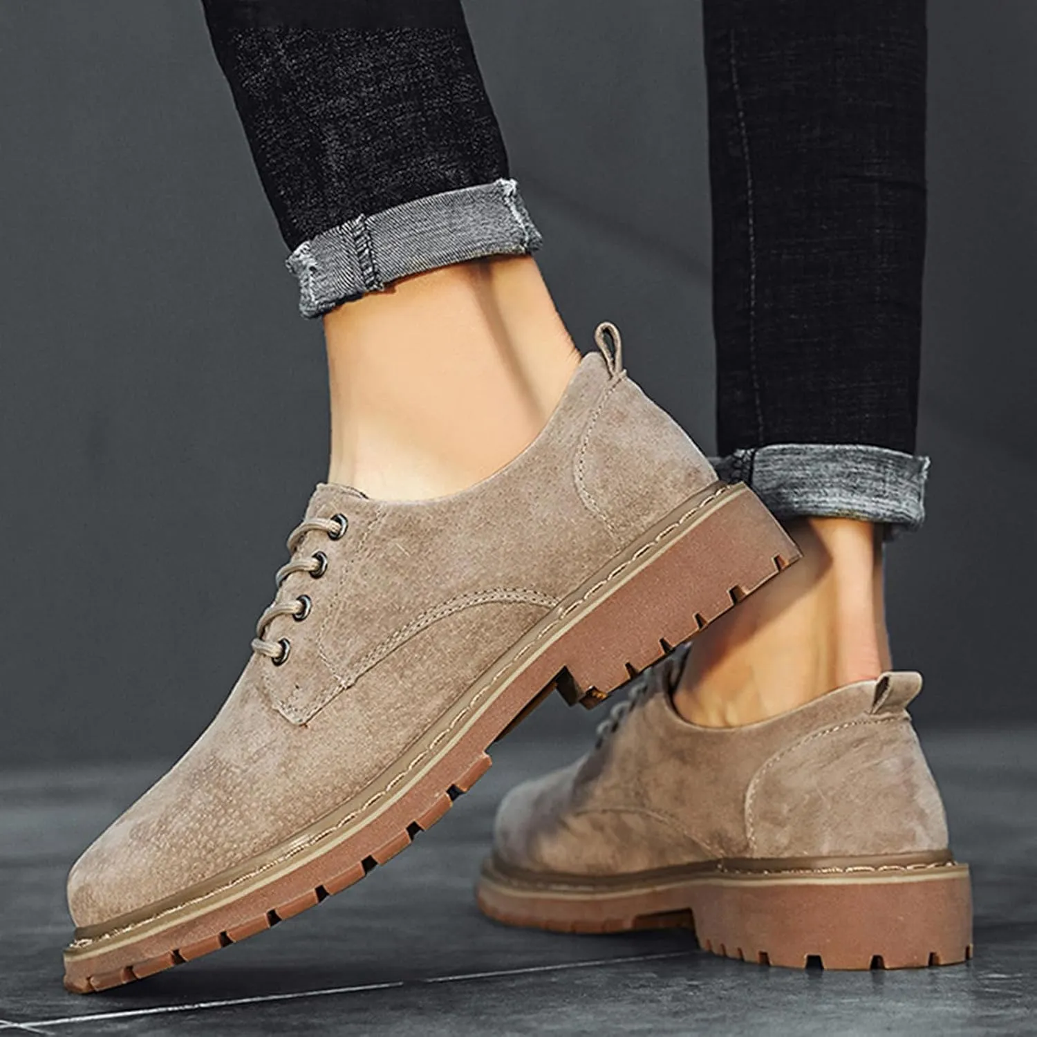 Men's Suede Lace-Up Lug Sole Platform Oxfords,Classic Round Toe Hand Stitching Non-Slip Low Top Dress Shoes Comfortable Business Formal Shoes