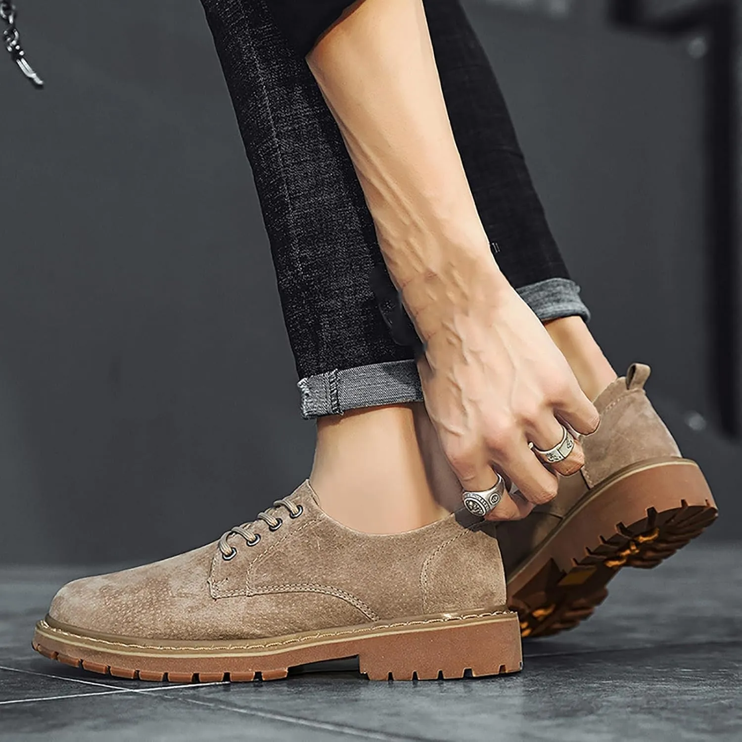Men's Suede Lace-Up Lug Sole Platform Oxfords,Classic Round Toe Hand Stitching Non-Slip Low Top Dress Shoes Comfortable Business Formal Shoes