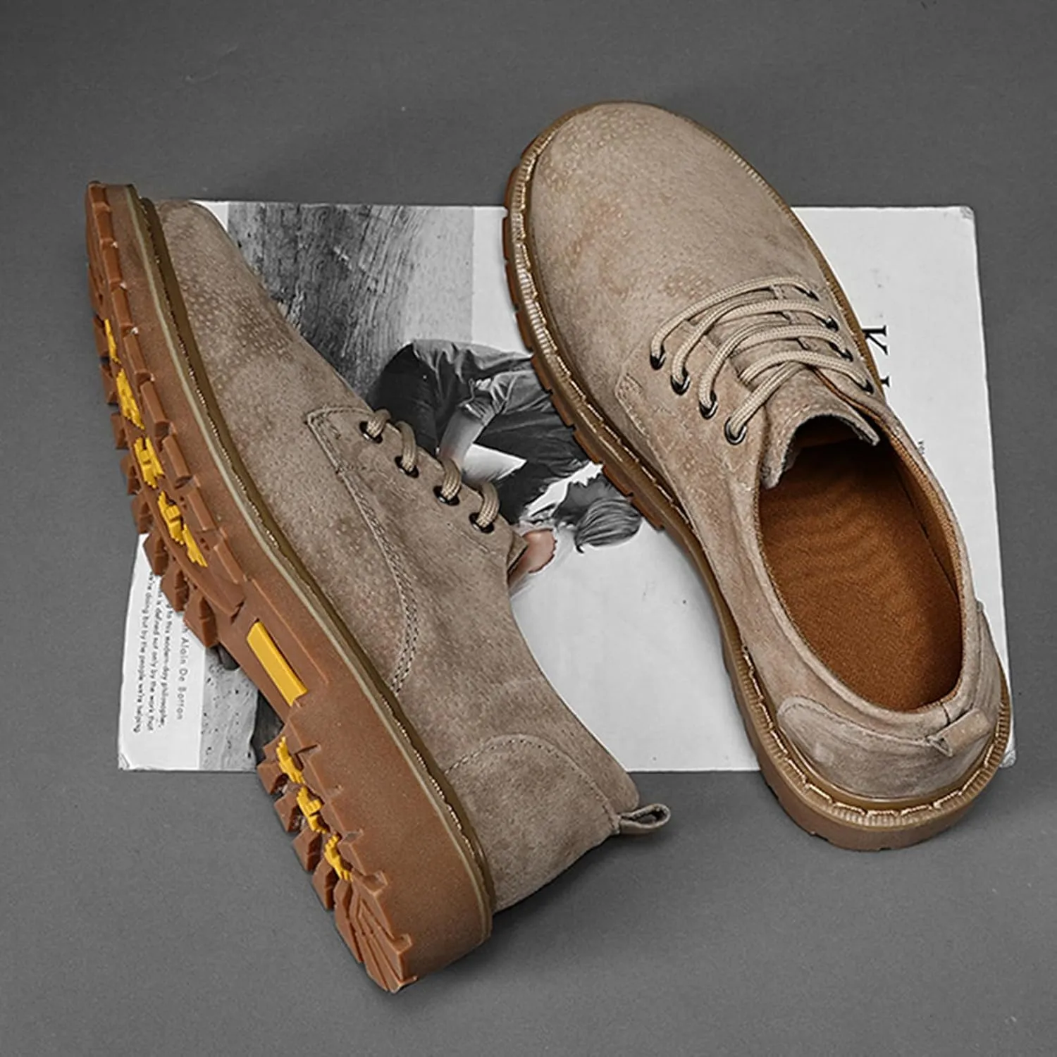 Men's Suede Lace-Up Lug Sole Platform Oxfords,Classic Round Toe Hand Stitching Non-Slip Low Top Dress Shoes Comfortable Business Formal Shoes