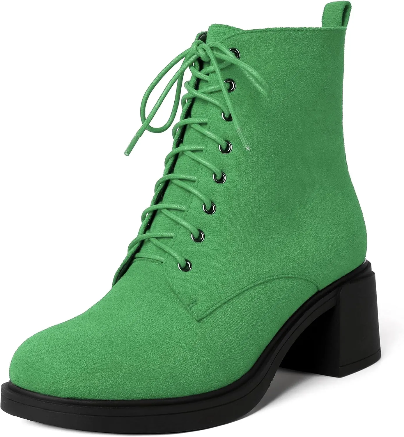 MERRORI Womens Combat Booties Casual Lace Up Solid Round Toe Suede Block Mid Heel Ankle High Boots 2.5 Inch