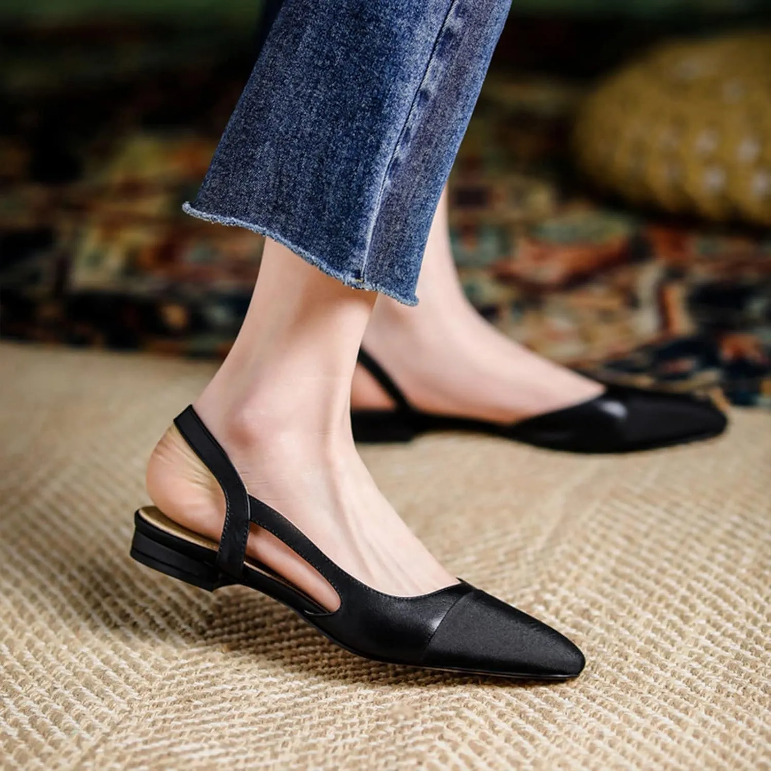 MICIFA slingback flats for women, Round Toe Low heel Sandals Fashion Splicing Dress Shoes for Women