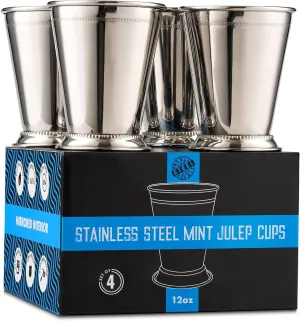 Mint Julep Cups: Stainless Steel Glasses, Set of 4, Metal 12 oz Cocktail Glasses, Party Supplies (4)