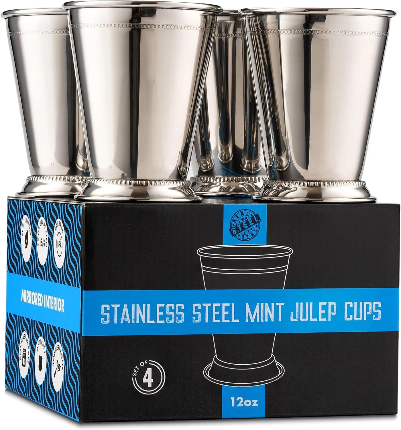 Mint Julep Cups: Stainless Steel Glasses, Set of 4, Metal 12 oz Cocktail Glasses, Party Supplies (4)