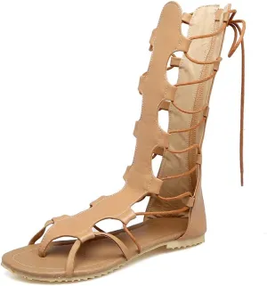 MIOKE Womens Gladiator Knee High Flat Sandals Strappy Caged Lace Up Zip Summer Roman Thong Flipflop Boots