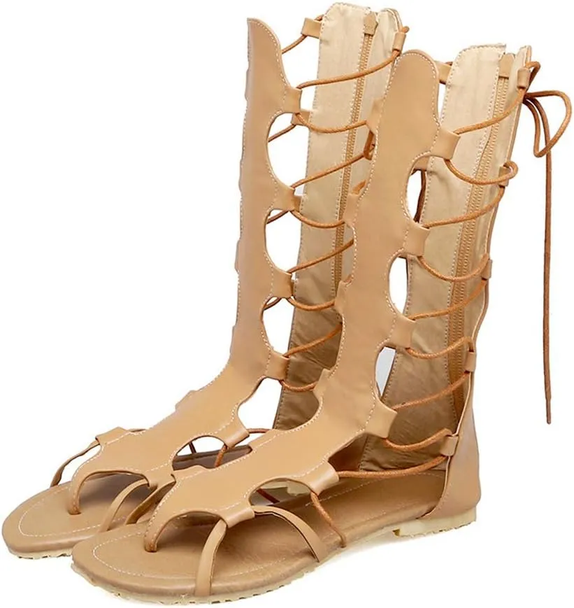 MIOKE Womens Gladiator Knee High Flat Sandals Strappy Caged Lace Up Zip Summer Roman Thong Flipflop Boots