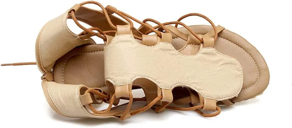 MIOKE Womens Gladiator Knee High Flat Sandals Strappy Caged Lace Up Zip Summer Roman Thong Flipflop Boots