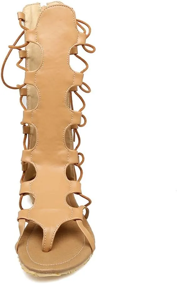 MIOKE Womens Gladiator Knee High Flat Sandals Strappy Caged Lace Up Zip Summer Roman Thong Flipflop Boots