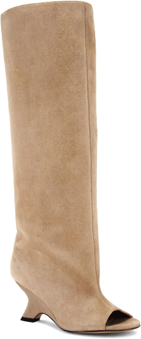 MissHeel Open Toe Suede Knee High Boots Wide Calf Wedge Heel Boots