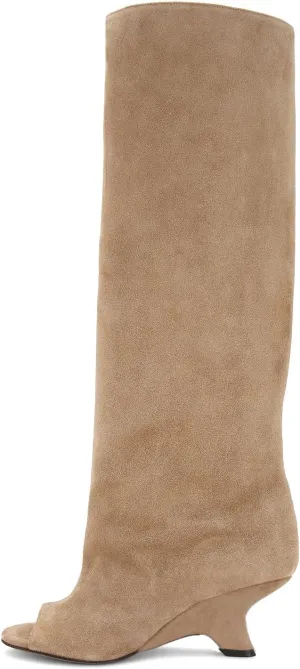 MissHeel Open Toe Suede Knee High Boots Wide Calf Wedge Heel Boots