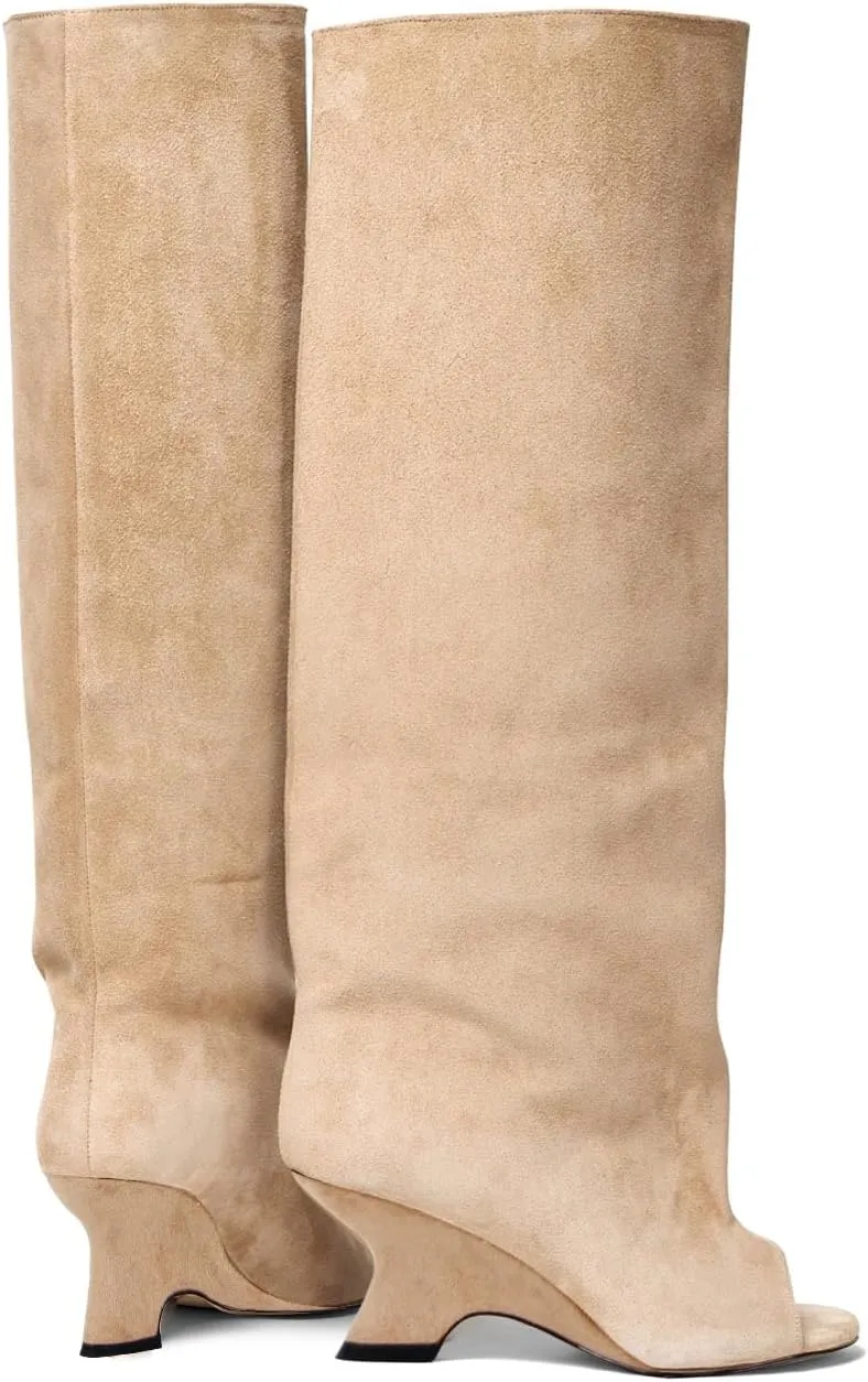 MissHeel Open Toe Suede Knee High Boots Wide Calf Wedge Heel Boots