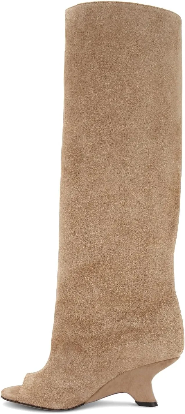 MissHeel Open Toe Suede Knee High Boots Wide Calf Wedge Heel Boots