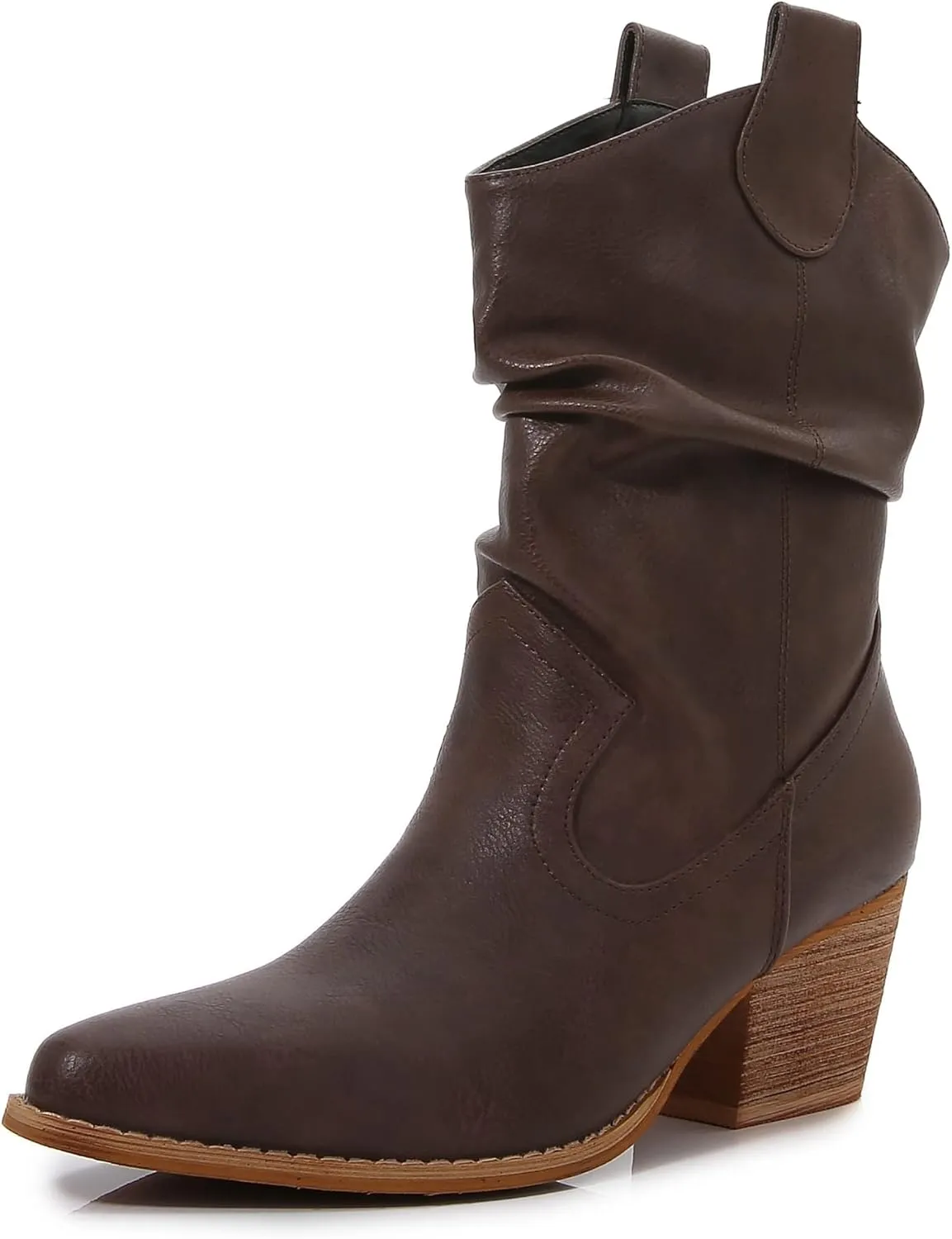 mm Women's Premium PU Leather Wooden Heel Mid Calf Stella Western Boots
