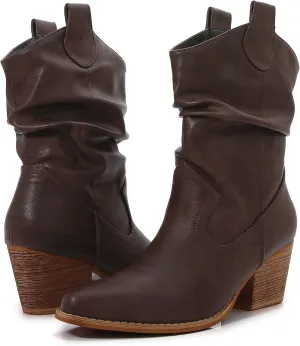 mm Women's Premium PU Leather Wooden Heel Mid Calf Stella Western Boots