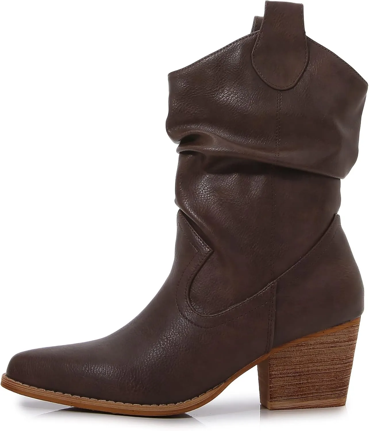 mm Women's Premium PU Leather Wooden Heel Mid Calf Stella Western Boots