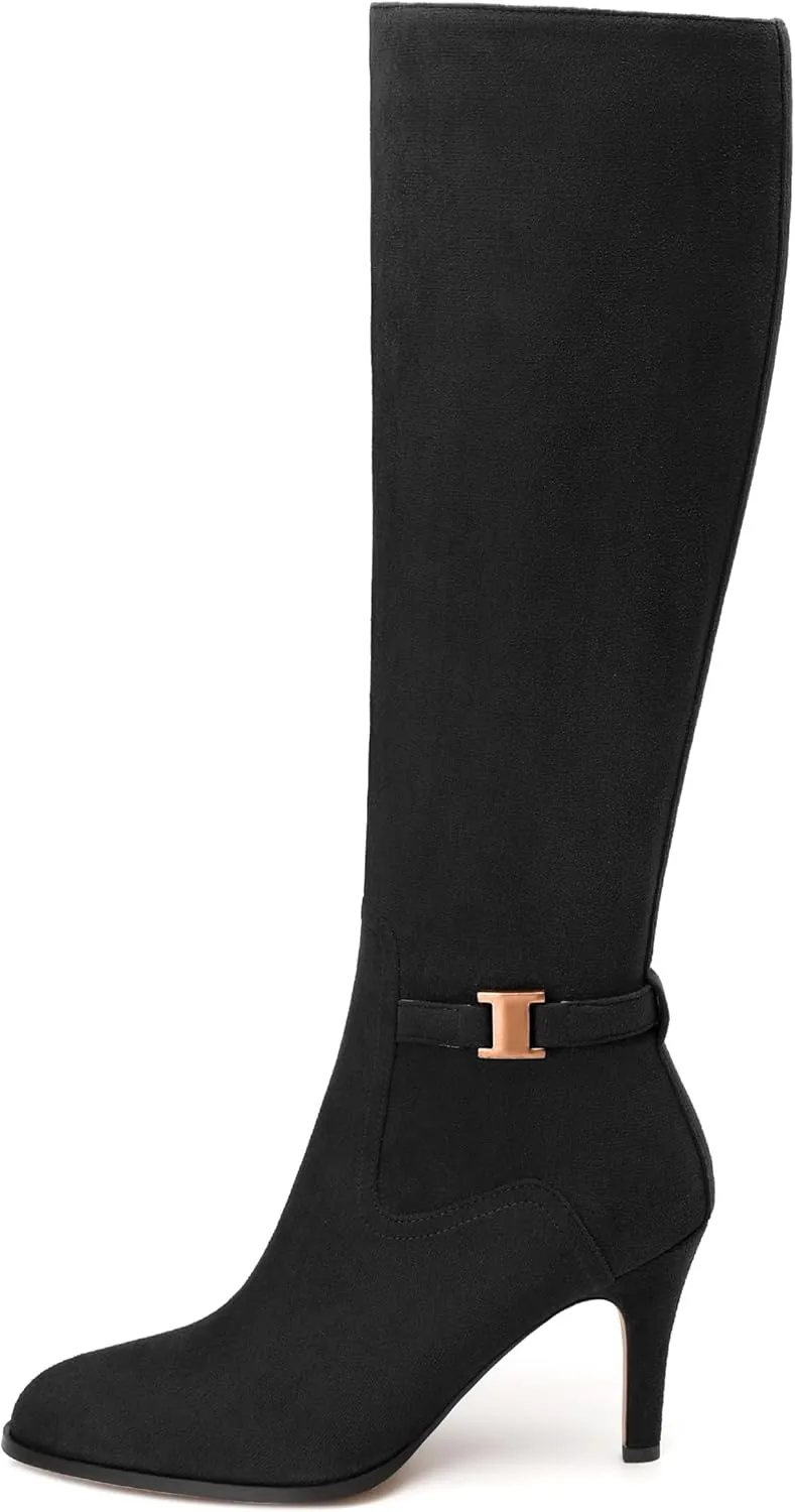 MODENCOCO Knee High Boots for Women Stiletto High Heel Pointed Toe Tall Boots Wide Calf Side Zipper Dress Long Boots Fall Winter Shoes