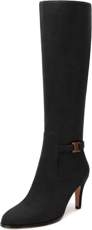 MODENCOCO Knee High Boots for Women Stiletto High Heel Pointed Toe Tall Boots Wide Calf Side Zipper Dress Long Boots Fall Winter Shoes