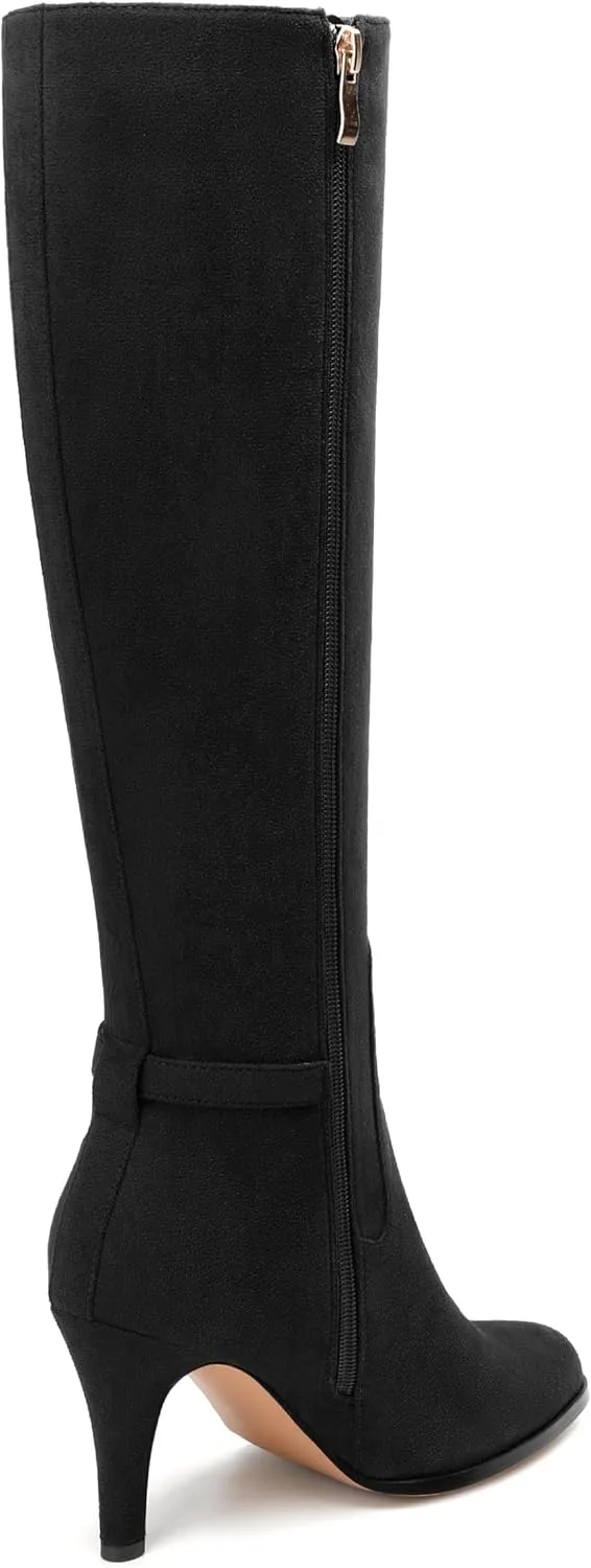 MODENCOCO Knee High Boots for Women Stiletto High Heel Pointed Toe Tall Boots Wide Calf Side Zipper Dress Long Boots Fall Winter Shoes