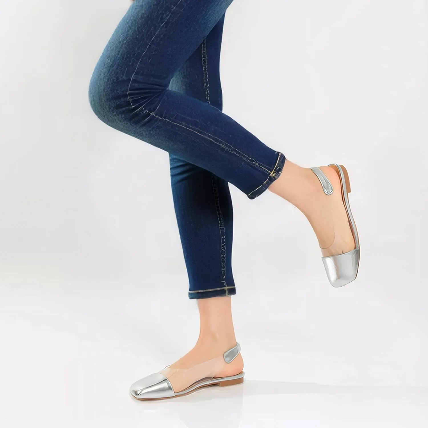 Mofirdast Clear Flats Sandals for Women Square Toe Slingback Flats with Transparent Ankle Strap for Work Weddings Parties