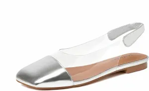 Mofirdast Clear Flats Sandals for Women Square Toe Slingback Flats with Transparent Ankle Strap for Work Weddings Parties
