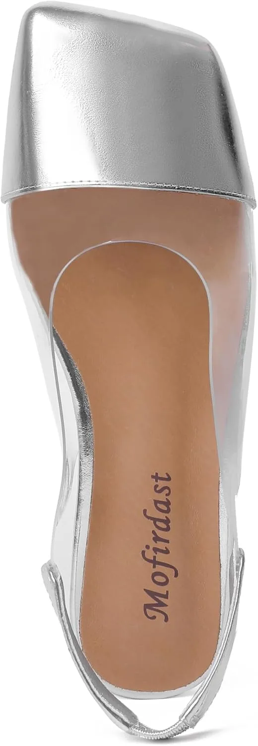 Mofirdast Clear Flats Sandals for Women Square Toe Slingback Flats with Transparent Ankle Strap for Work Weddings Parties