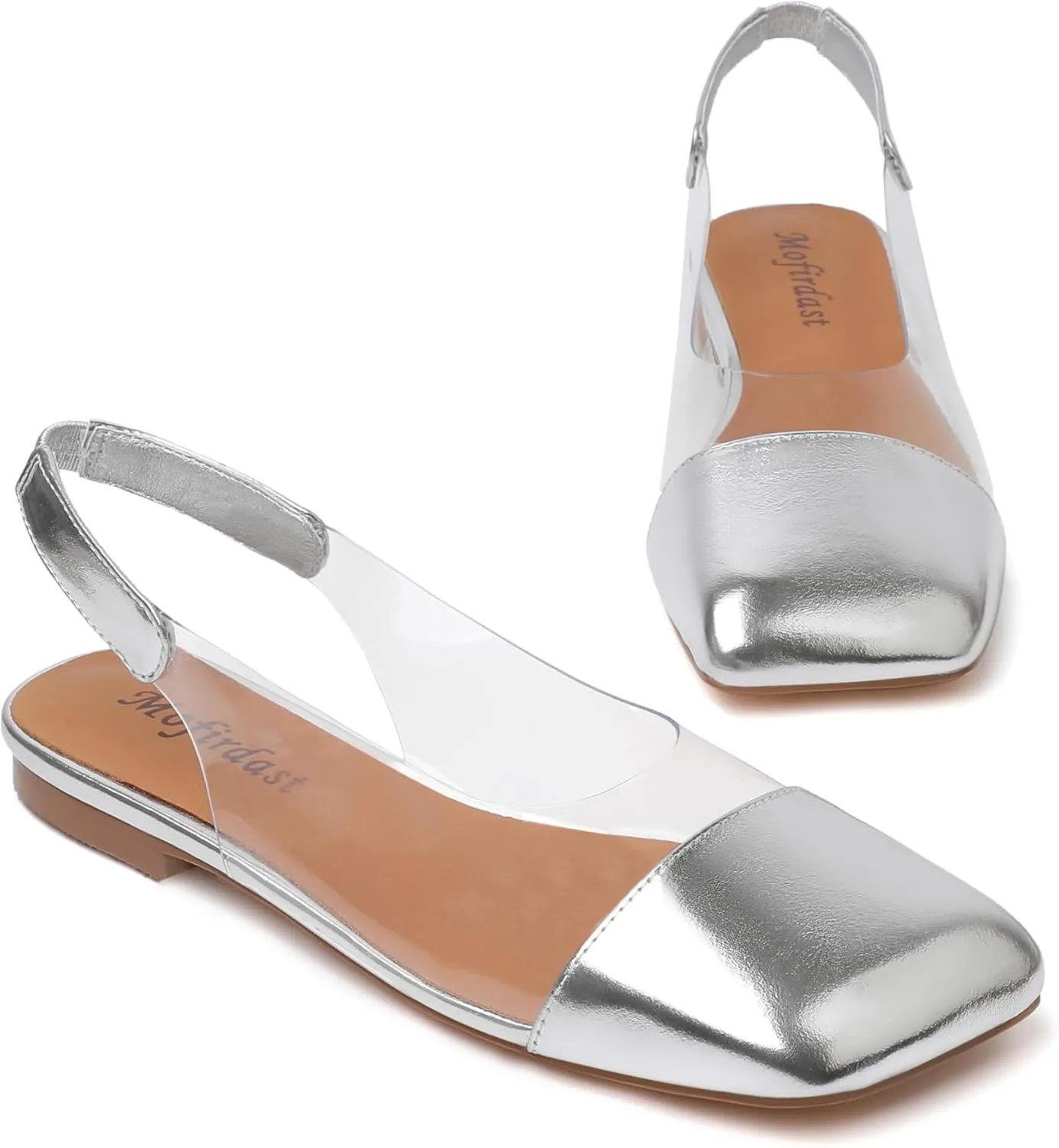 Mofirdast Clear Flats Sandals for Women Square Toe Slingback Flats with Transparent Ankle Strap for Work Weddings Parties