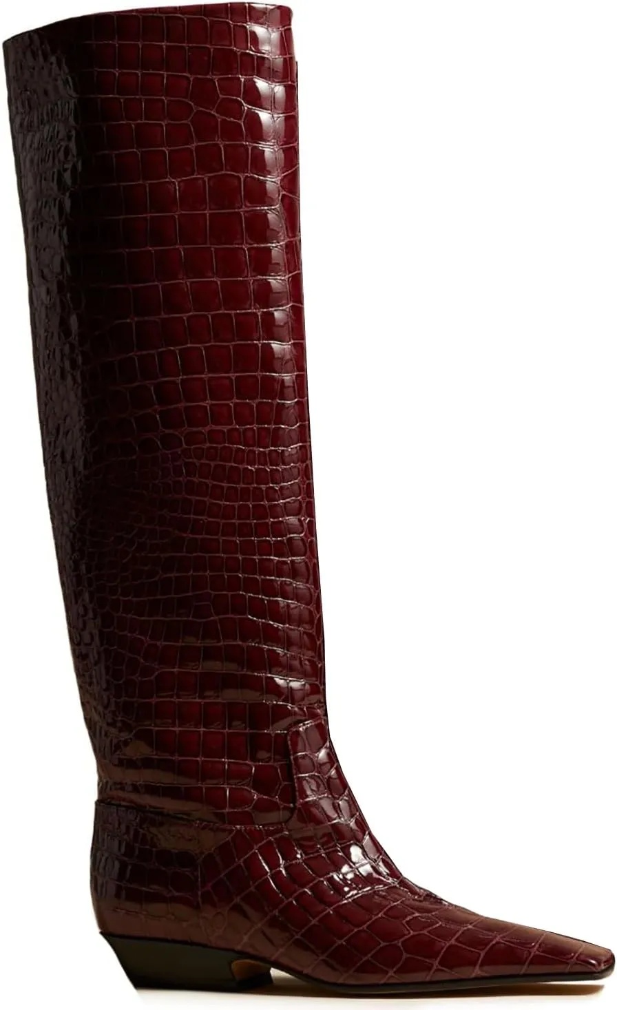 MOOMMO Women Flat Heel Knee High Boots Square Toe Pull On Long Boots Suede Slouch Low Heel Dress Boots Wide Calf Pleated Knee High Tall Boots Comfort Vintage Casual Walking Party 4-11 M US